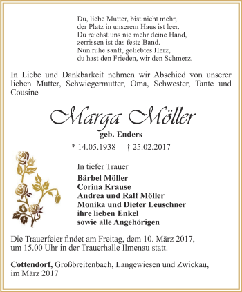 Traueranzeige von Marga Möller von Thüringer Allgemeine