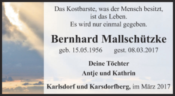Traueranzeige von Bernhard Mallschützke von Ostthüringer Zeitung
