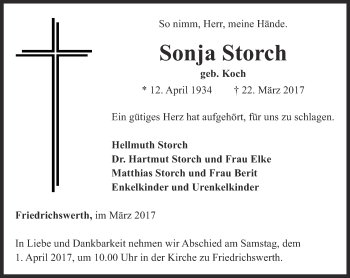 Traueranzeige von Sonja Storch von Ostthüringer Zeitung, Thüringische Landeszeitung