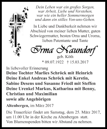 Traueranzeige von Irma Naundorf von Ostthüringer Zeitung, Thüringische Landeszeitung