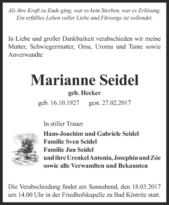 Traueranzeige von Marianne Seidel von Ostthüringer Zeitung