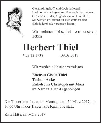 Traueranzeige von Herbert Thiel von Ostthüringer Zeitung