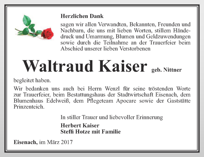 Traueranzeige für Waltraud Kaiser vom 18.03.2017 aus Thüringer Allgemeine, Thüringische Landeszeitung