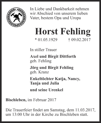 Traueranzeige von Horst Fehling von Thüringer Allgemeine, Thüringische Landeszeitung