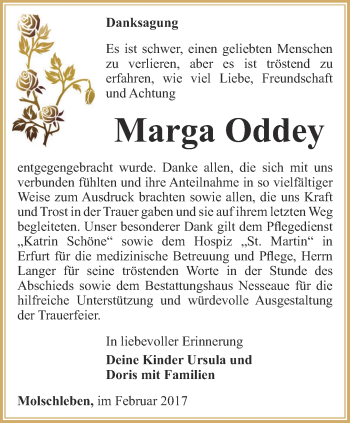 Traueranzeige von Marga Oddey von Ostthüringer Zeitung, Thüringische Landeszeitung