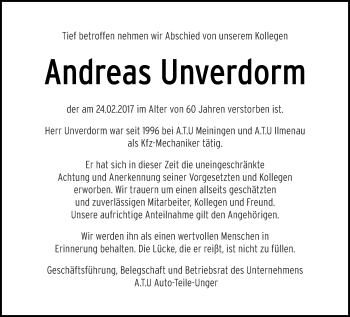 Traueranzeige von Andreas Unverdorm von Thüringer Allgemeine