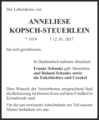 Traueranzeige von Anneliese Kopsch-Steuerlein von Thüringer Allgemeine