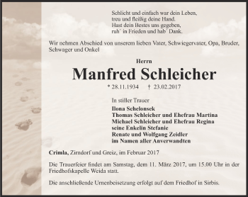 Traueranzeige von Manfred Schleicher von Ostthüringer Zeitung