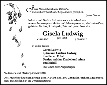 Traueranzeige von Gisela Ludwig von Thüringer Allgemeine, Thüringische Landeszeitung