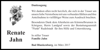 Traueranzeige von Renate Jahn von Ostthüringer Zeitung
