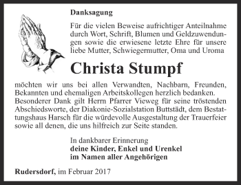 Traueranzeige von Christa Stumpf von Thüringer Allgemeine, Thüringische Landeszeitung