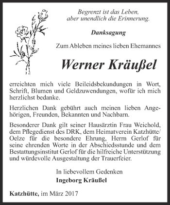 Traueranzeige von Werner Kräußel von Ostthüringer Zeitung