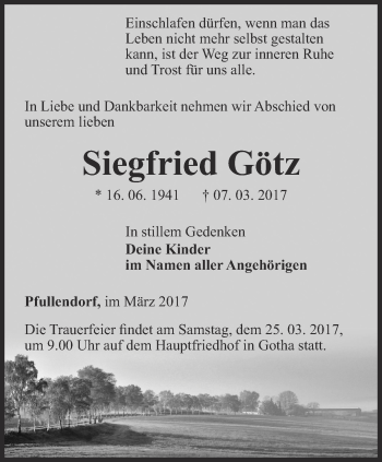 Traueranzeige von Siegfried Götz von Ostthüringer Zeitung, Thüringische Landeszeitung