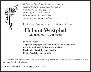 Traueranzeige von Helmut Westphal von Ostthüringer Zeitung