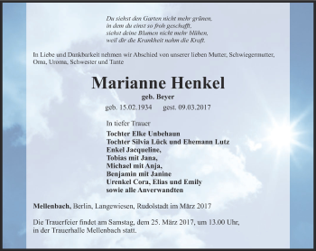 Traueranzeige von Marianne Henkel von Ostthüringer Zeitung