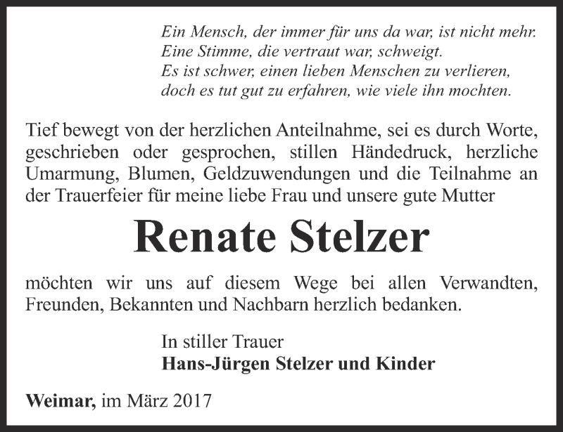  Traueranzeige für Renate Stelzer vom 30.03.2017 aus Thüringer Allgemeine, Thüringische Landeszeitung