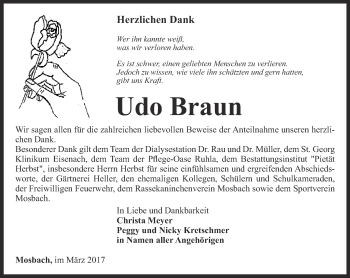 Traueranzeige von Udo Braun von Thüringer Allgemeine, Thüringische Landeszeitung