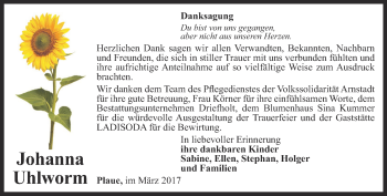Traueranzeige von Johanna Uhlworm von Thüringer Allgemeine