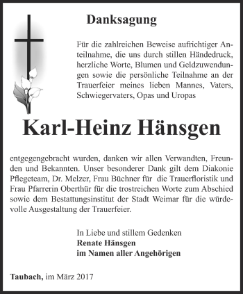 Traueranzeige von Karl-Heinz Hänsgen von Thüringer Allgemeine, Thüringische Landeszeitung