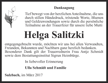 Traueranzeige von Helga Salitzki von Thüringer Allgemeine, Thüringische Landeszeitung