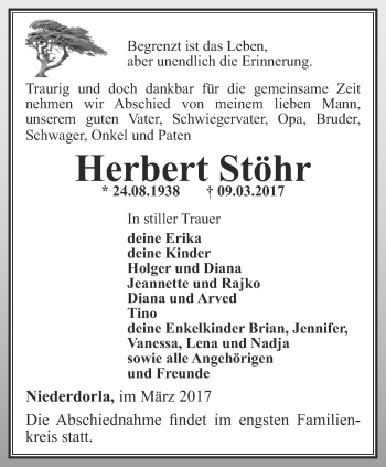 Traueranzeige von Herbert Stöhr von Thüringer Allgemeine, Thüringische Landeszeitung