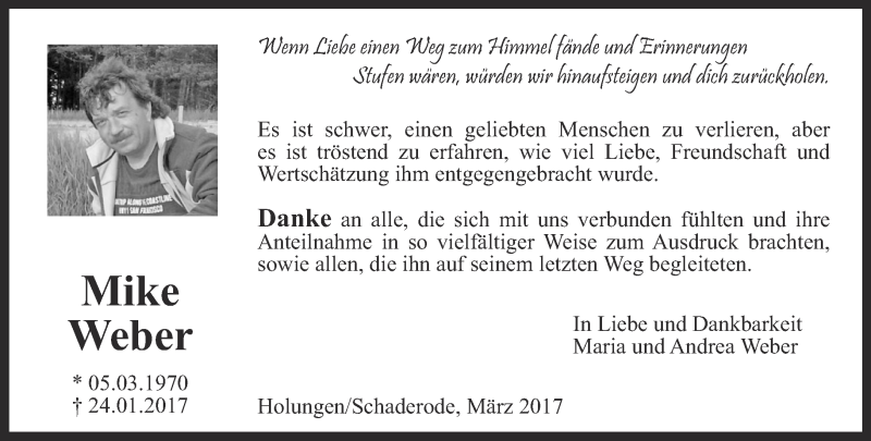  Traueranzeige für Mike Weber vom 18.03.2017 aus Thüringer Allgemeine, Thüringische Landeszeitung