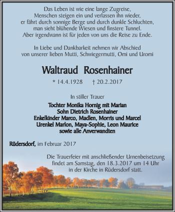 Traueranzeige von Waltraud Rosenhainer von Ostthüringer Zeitung