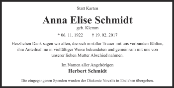 Traueranzeige von Anna Elise Schmidt von Thüringer Allgemeine