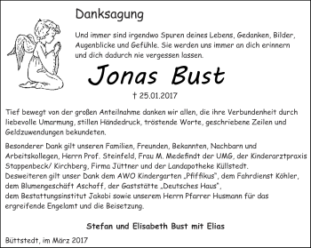 Traueranzeige von Bust Jonas von Thüringer Allgemeine, Thüringische Landeszeitung