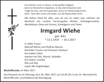 Traueranzeige von Irmgard Wiehe von Thüringer Allgemeine