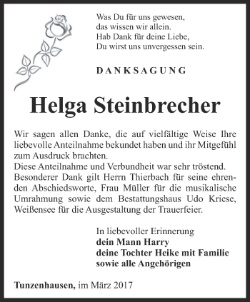 Traueranzeige von Helga Steinbrecher von Thüringer Allgemeine