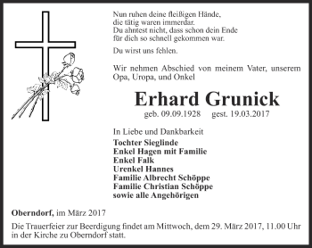 Traueranzeige von Erhard Grunick von Ostthüringer Zeitung