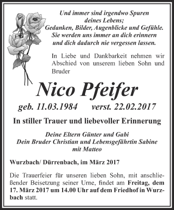 Traueranzeige von Nico Pfeifer von Ostthüringer Zeitung