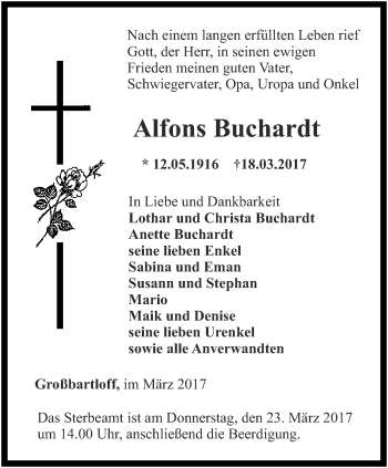 Traueranzeige von Alfons Buchardt von Thüringer Allgemeine