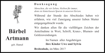 Traueranzeige von Bärbel Artmann von Thüringer Allgemeine