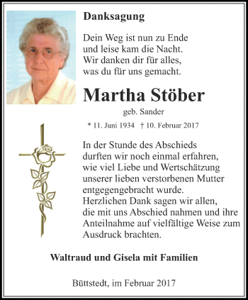 Traueranzeige von Martha Stöber von Thüringer Allgemeine