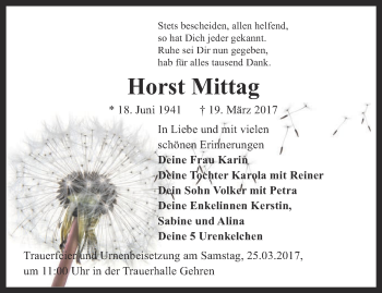 Traueranzeige von Horst Mittag von Thüringer Allgemeine