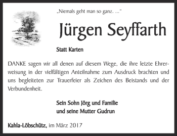 Traueranzeige von Jürgen Seyffarth von Ostthüringer Zeitung, Thüringische Landeszeitung