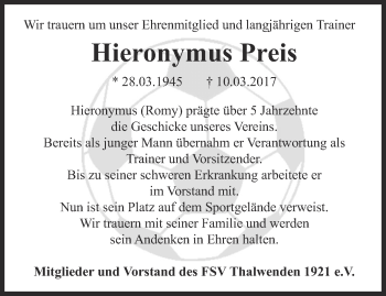 Traueranzeige von Hieronymus Preis von Thüringer Allgemeine