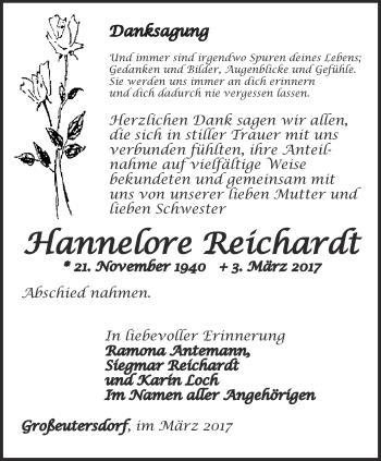 Traueranzeige von Hannelore Reichardt von Ostthüringer Zeitung, Thüringische Landeszeitung