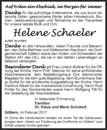 Traueranzeige von Helene Schaeler von Thüringer Allgemeine, Thüringische Landeszeitung