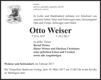 Traueranzeige von Otto Weiser von Thüringer Allgemeine, Thüringische Landeszeitung