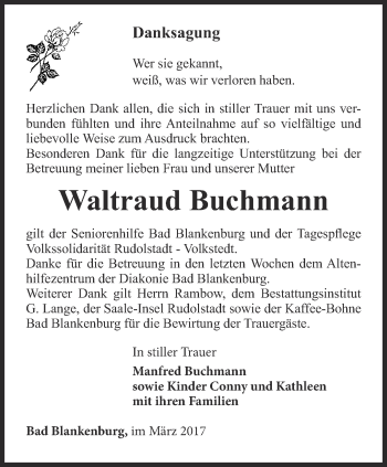 Traueranzeige von Waltraud Buchmann von Ostthüringer Zeitung