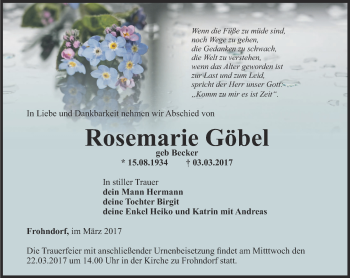 Traueranzeige von Rosemarie Göbel von Thüringer Allgemeine