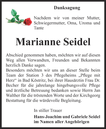 Traueranzeige von Marianne Seidel von Ostthüringer Zeitung