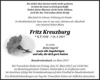 Traueranzeige von Fritz Kreuzburg von Thüringer Allgemeine, Thüringische Landeszeitung