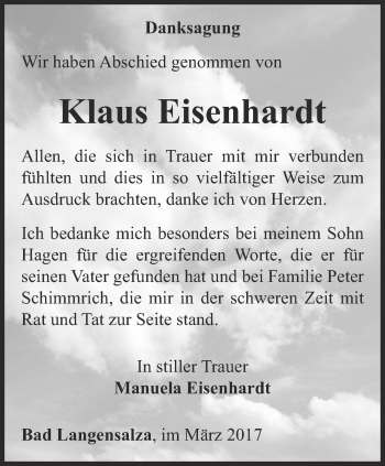 Traueranzeige von Klaus Eisenhardt von Thüringer Allgemeine, Thüringische Landeszeitung