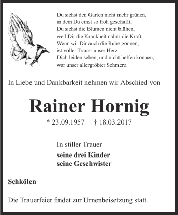 Traueranzeige von Rainer Hornig von Ostthüringer Zeitung