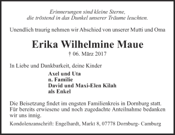 Traueranzeige von Erika Wilhelmine Maue von Thüringer Allgemeine