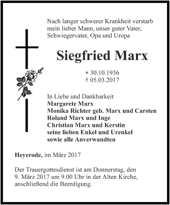 Traueranzeige von Siegfried Marx von Thüringer Allgemeine, Thüringische Landeszeitung